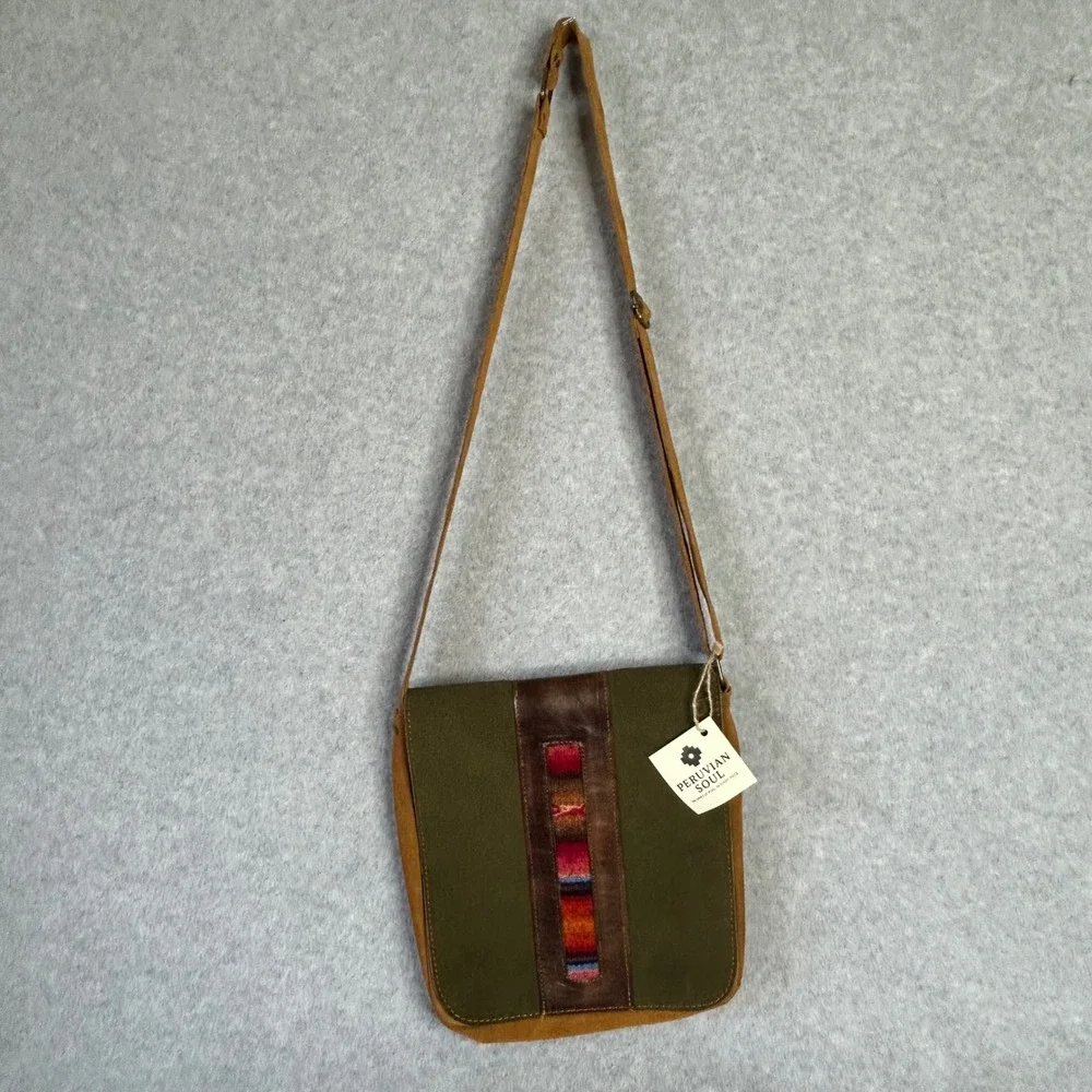 PERUVIAN SOUL Suede & Manta Messenger Bag‎ Olive Adjustable Strap Handcrafted